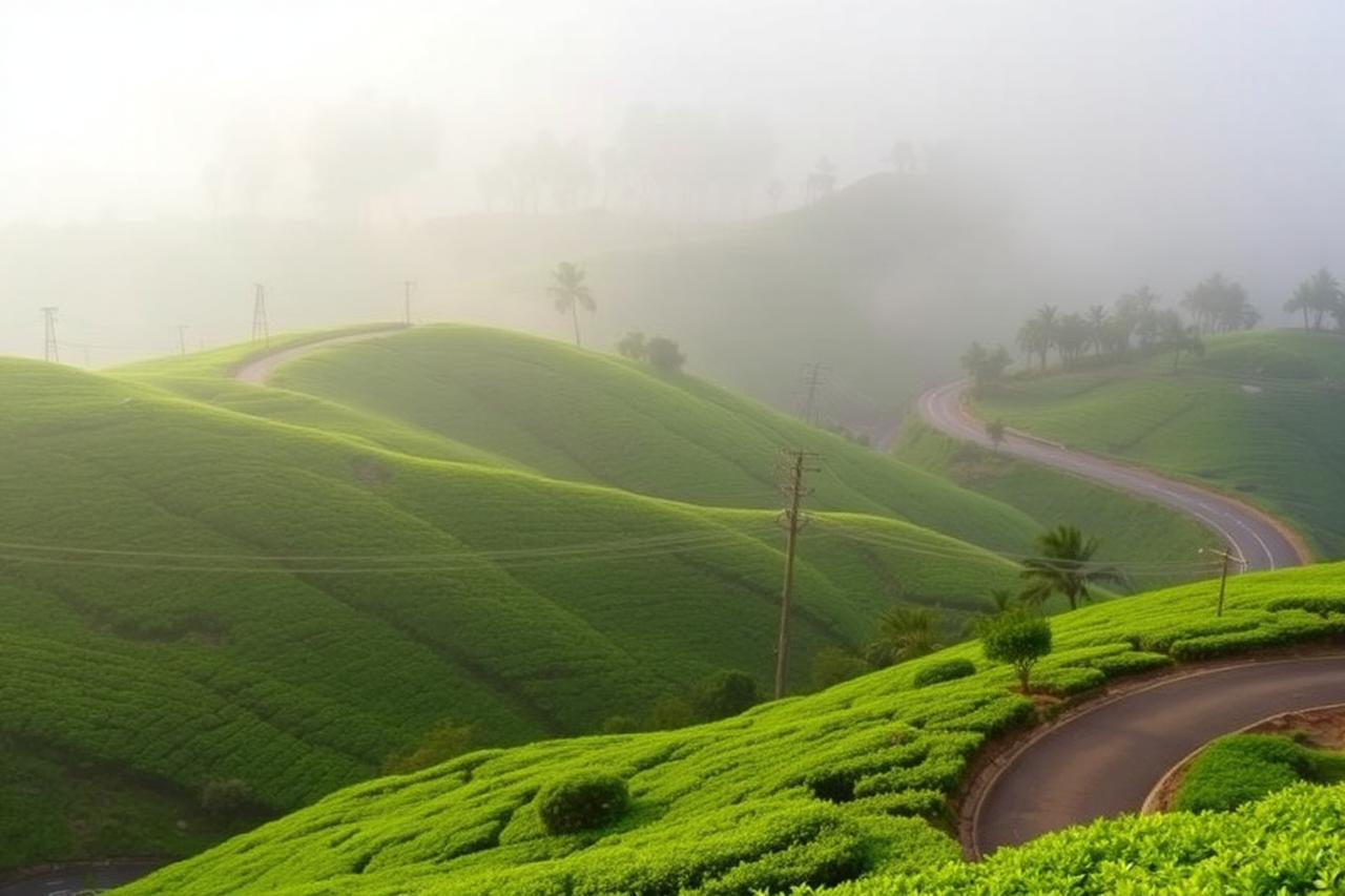 Munnar, Kerala — Rolling green tea plantations on misty South Indian hills