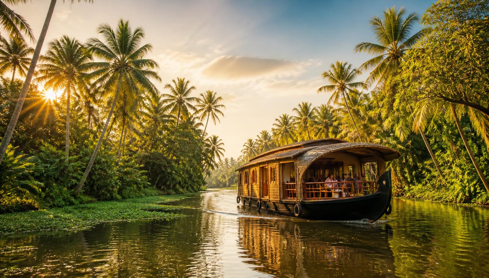 A traditional Kerala houseboat cruising the palm-lined Alleppey backwaters at golden hour