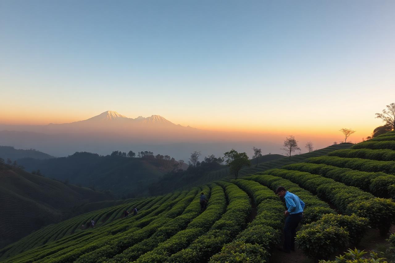 Darjeeling, West Bengal — terraced tea estates with snow-capped Kanchenjunga on the horizon