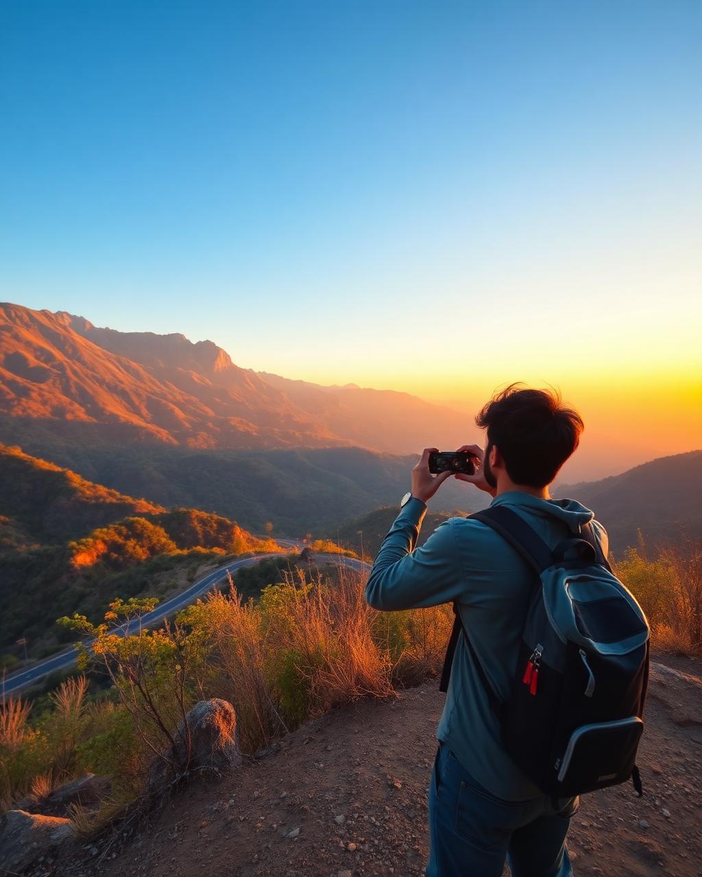 A traveller photographing a scenic viewpoint near India
