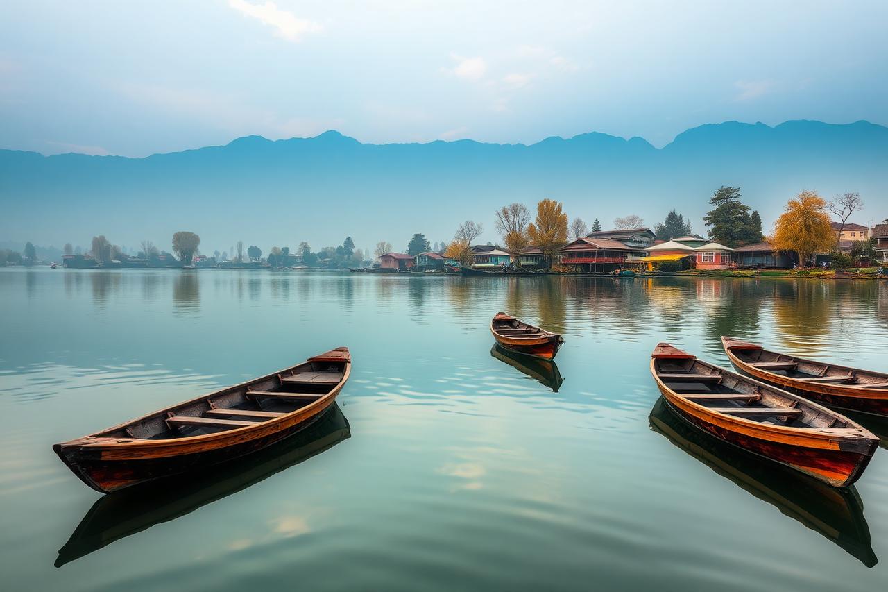 Kashmir, Jammu & Kashmir — shikara boats on Dal Lake at dawn below the mountains