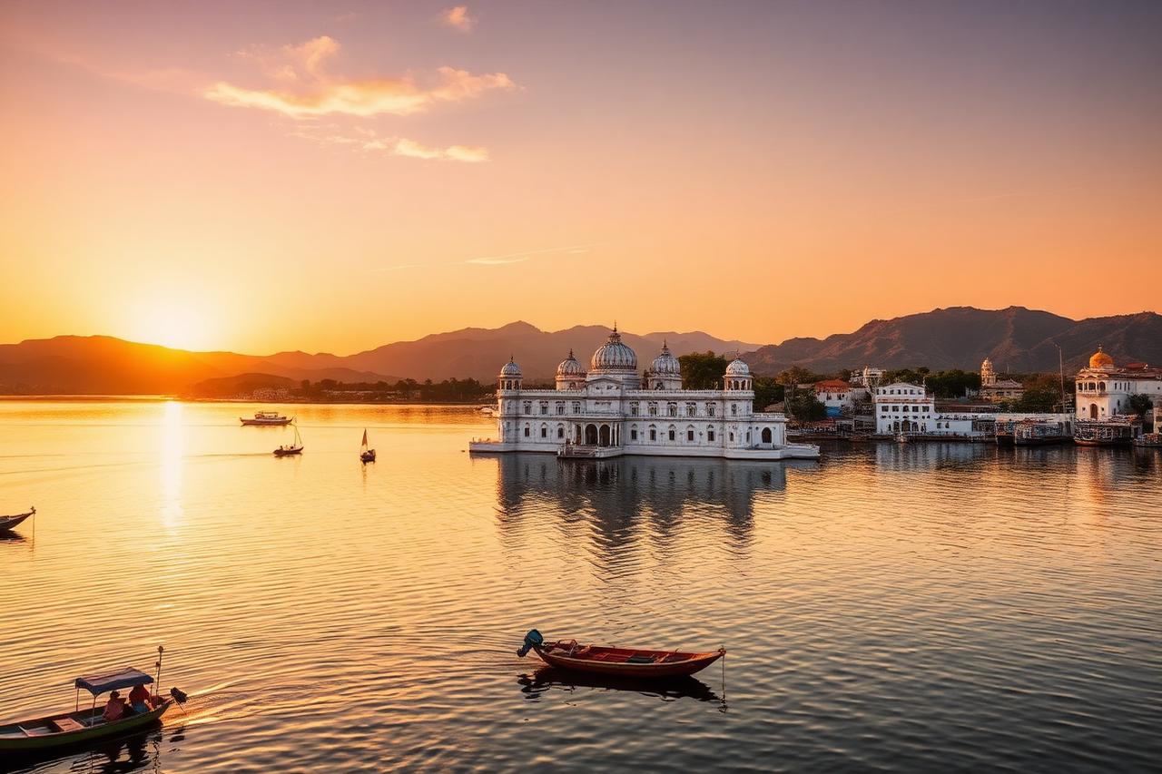 Udaipur, Rajasthan — the white lake palace on Lake Pichola at sunset